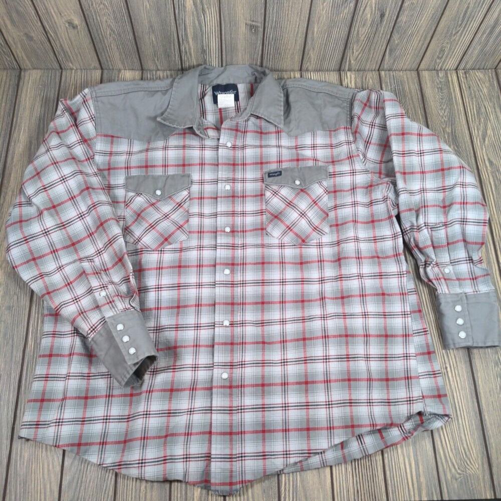 Wrangler Men Western Gray‎ Red Plaid Pearl Snap Firm Canvas Cowboy Shirt 2XL